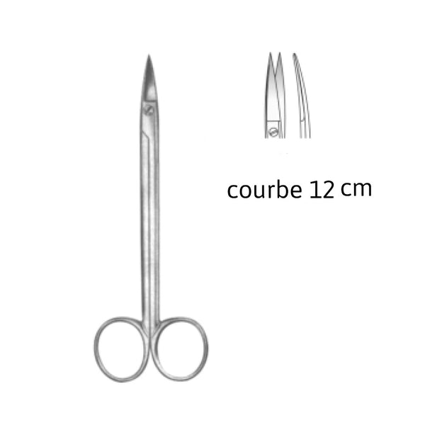 Ciseaux chirurgicaux Quinby courbes non dentés. Ils sont utilisés pour couper les tissus ou les sutures. Acier de haute qualité. Mesure : 12 cm