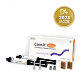 Core.it Dual Yellow 2 x seringue de 10 g (jaune), embouts éco-mélangeurs, embouts de mélange  Core.it Dual est un matériau composite à double polymérisation destiné à la fabrication de faux moignons et aux post-scellements. Il dispose d'excellentes propriétés physiques et peut être facilement appliqué sur la dent. Sa maniabilité est supérieure à celle d'autres produits.  