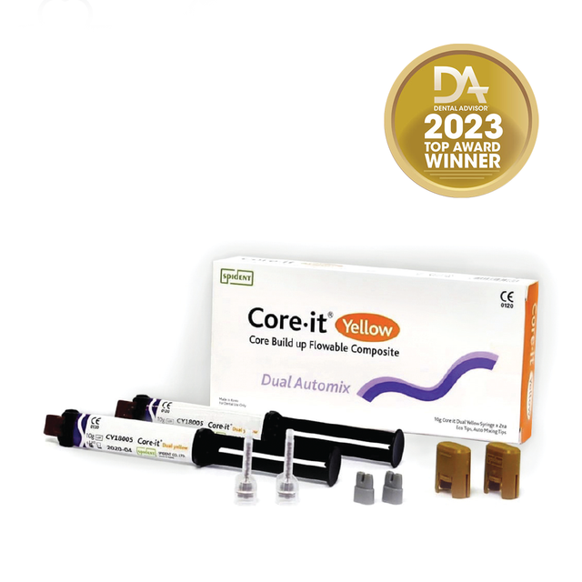Core.it Dual Yellow 2 x seringue de 10 g (jaune), embouts éco-mélangeurs, embouts de mélange  Core.it Dual est un matériau composite à double polymérisation destiné à la fabrication de faux moignons et aux post-scellements. Il dispose d'excellentes propriétés physiques et peut être facilement appliqué sur la dent. Sa maniabilité est supérieure à celle d'autres produits.  