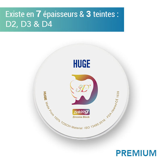 Disque zircone premium 3D - Teintes D2, D3 & D4 - 7 épaisseurs - HUGE - oofti.fr