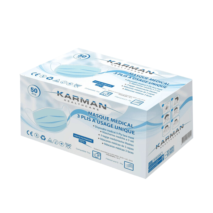 Masques chirurgicaux 3 plis type IIR - Boite de 50, différents coloris - Karman Healthcare - oofti.fr