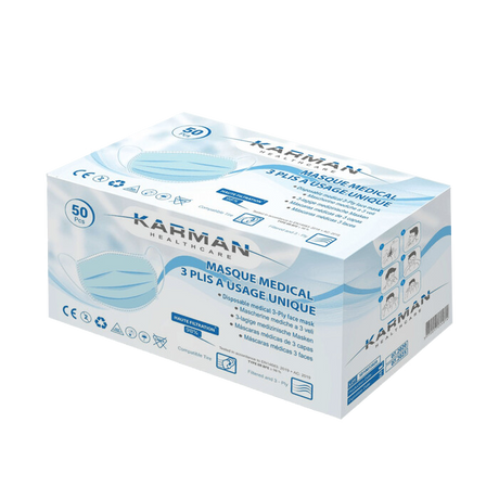 Masques chirurgicaux 3 plis type IIR - Boite de 50, différents coloris - Karman Healthcare - oofti.fr