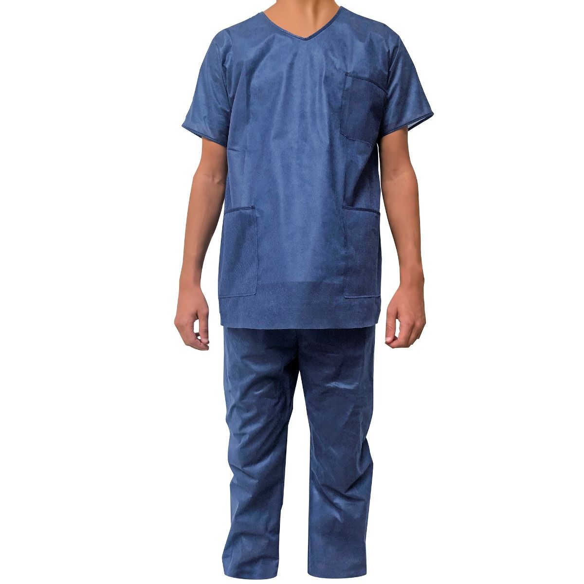 Pyjama médical bleu foncé 2 pièces jetable – col V, manches courtes, 3 poches – lot de 10