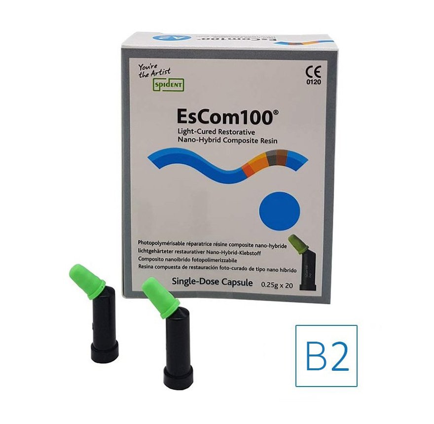 Lot de 20 capsules de 0,25g EsCom100 - B2 - Résine composite nano-hybride restauratrice photopolymérisable  - Spident