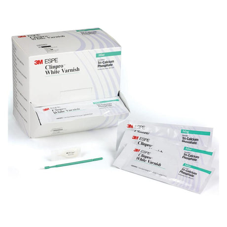 Vernis incolore à forte teneur d'ions fluorures pour le traitement de l'hypersensibilité dentaire, adapté à une utilisation sur la dentine et l'émail. Goût menthe.  DM Classe IIA. Organisme notifié : 0123 Fabricant : 3M Deutschland GmbH, Allemagne.  La boîte de 50 x 0,5 ml. oofti.fr