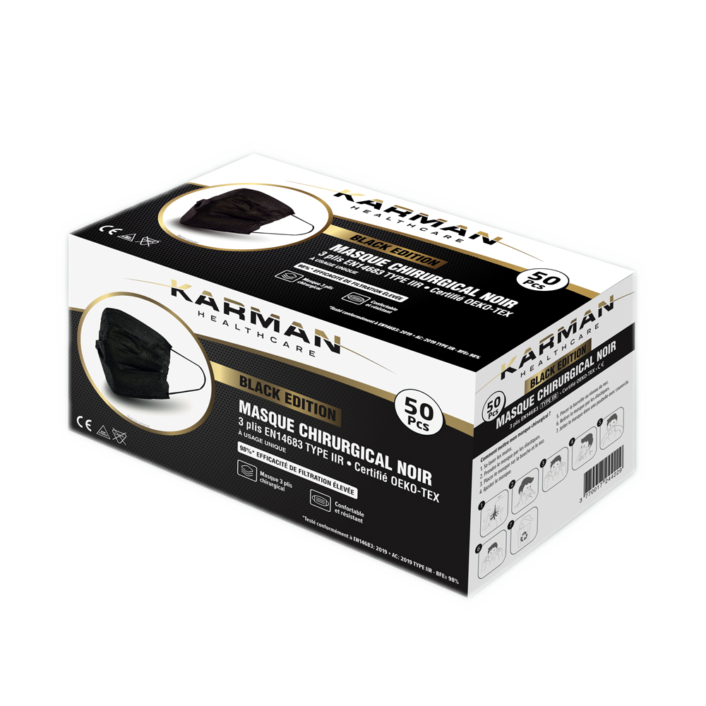 Masques chirurgicaux 3 plis type IIR - Boite de 50, différents coloris - Karman Healthcare - oofti.fr