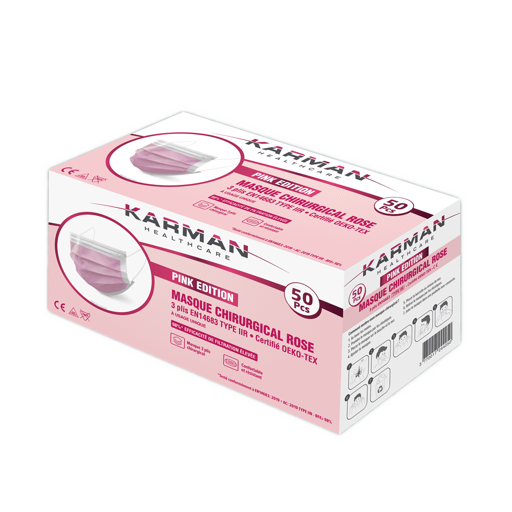 Masques chirurgicaux 3 plis type IIR - Boite de 50, différents coloris - Karman Healthcare - oofti.fr