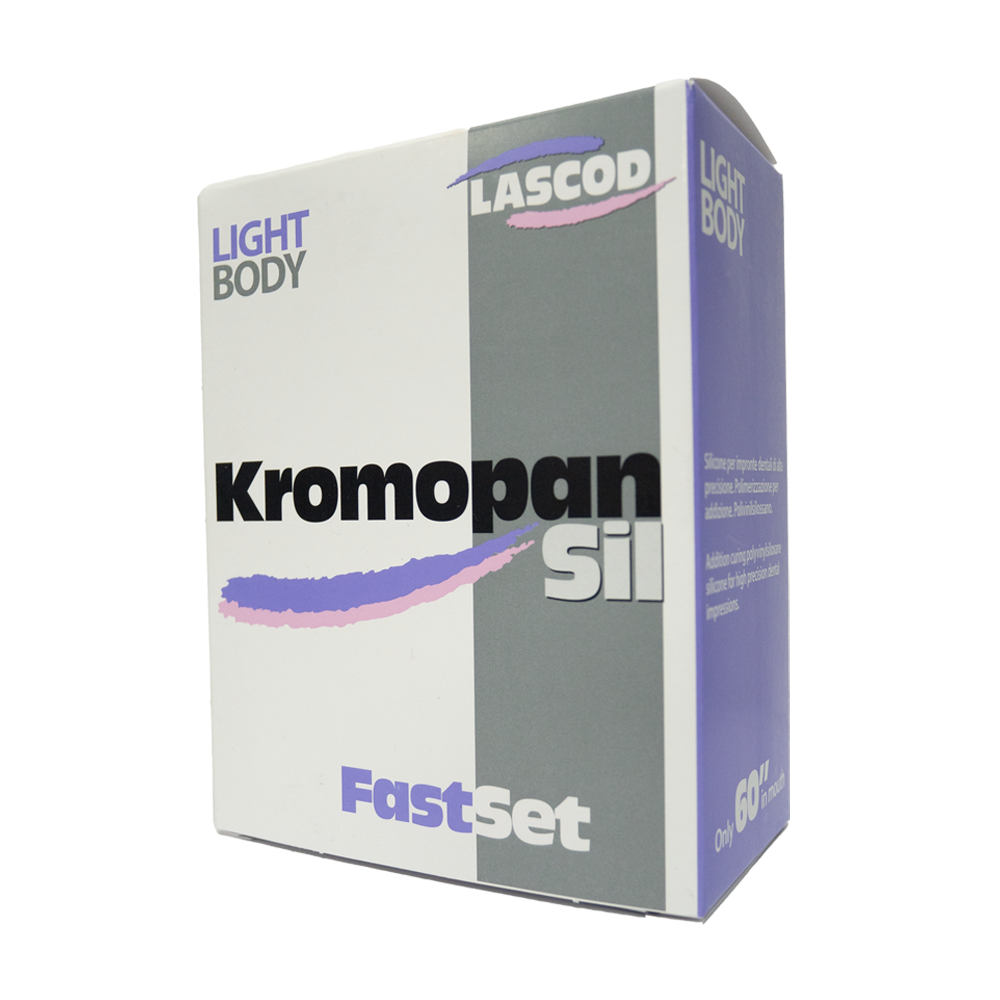 Le KromopanSil Body est un silicone par addition de nouvelle génération, formulé à base de polyvinylsiloxane. Disponible en quatre viscosités distinctes – Superlight, Light, Regular, et Heavy – ce produit révolutionnaire est conçu pour répondre aux exigences variées de la prise d'empreinte dentaire. Grâce à ses caractéristiques spécifiques, le KromopanSil Body assure une précision exceptionnelle (5 µm) même dans des environnements humides.