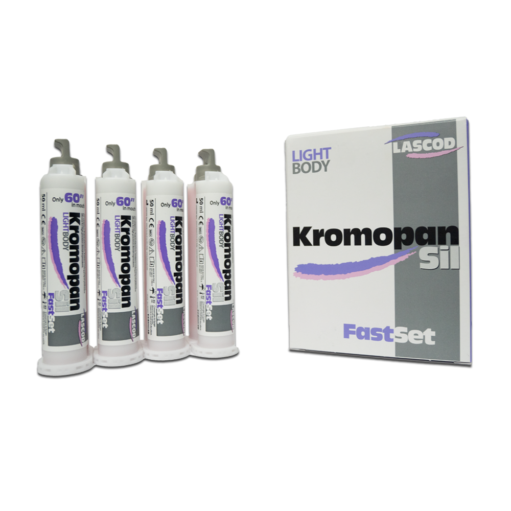 Le KromopanSil Body est un silicone par addition de nouvelle génération, formulé à base de polyvinylsiloxane. Disponible en quatre viscosités distinctes – Superlight, Light, Regular, et Heavy – ce produit révolutionnaire est conçu pour répondre aux exigences variées de la prise d'empreinte dentaire. Grâce à ses caractéristiques spécifiques, le KromopanSil Body assure une précision exceptionnelle (5 µm) même dans des environnements humides.