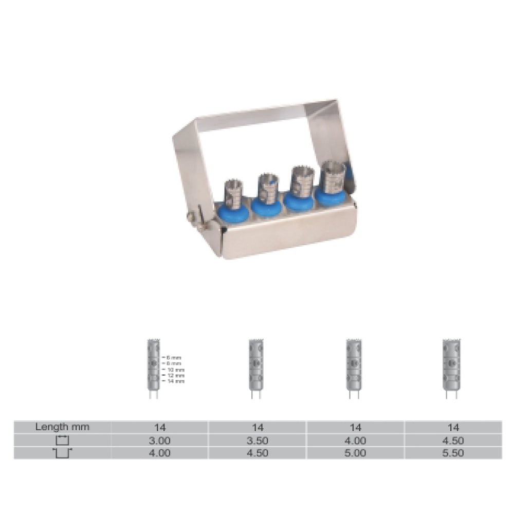 Kit of 4 hollow drills (core bits) with support - H14 cm