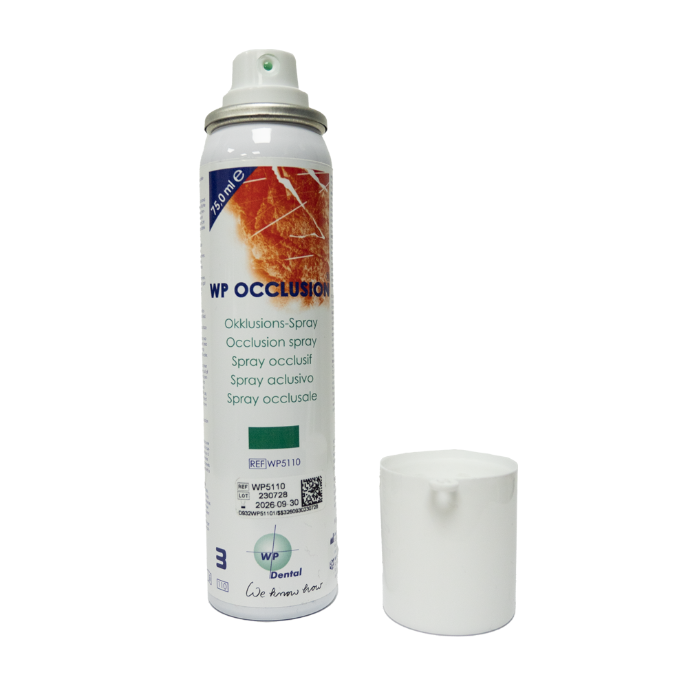 WP Occlusion est une vaporisation fine au parfum de menthe poivrée utilisée pour rendre les points de contact dans les travaux prothétiques visibles. Ce produit est uniquement recommandé pour une utilisation en laboratoire dentaire.