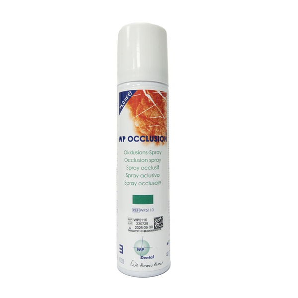 WP Occlusion est une vaporisation fine au parfum de menthe poivrée utilisée pour rendre les points de contact dans les travaux prothétiques visibles. Ce produit est uniquement recommandé pour une utilisation en laboratoire dentaire.