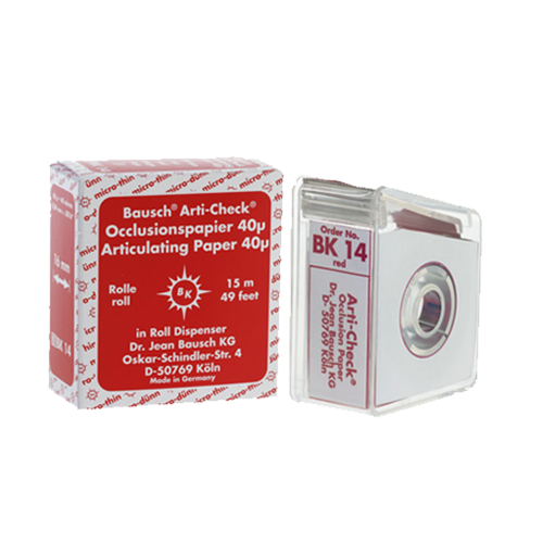 Papier d'occlusion Arti-Check micromince 40µ de BAUSCH.  Colorant sur les 2 faces. Des microcapsules éclatent à la pression. Marquage très précis et sélectif. Sans aucune bavure.  Couleurs disponibles : bleu, rouge, pour différencier les points de contact centrés et excentrés.  Présentation en rouleau de 15 m en distributeur, largeur 16 mm.