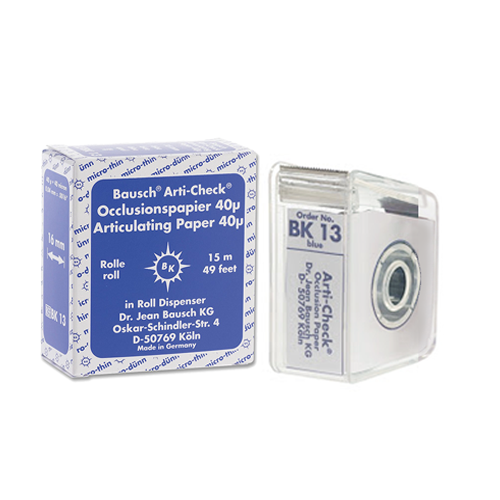 Papier d'occlusion Arti-Check micromince 40µ de BAUSCH.  Colorant sur les 2 faces. Des microcapsules éclatent à la pression. Marquage très précis et sélectif. Sans aucune bavure.  Couleurs disponibles : bleu, rouge, pour différencier les points de contact centrés et excentrés.  Présentation en rouleau de 15 m en distributeur, largeur 16 mm.