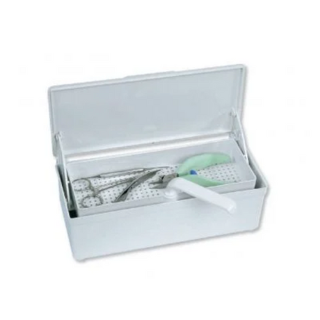 Bac de décontamination pour instruments avec panier perforé. Panier avec poignée pivotante.  Dimensions : L 26 x l 8,5 x H 12 cm