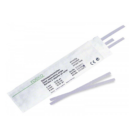 Bandes d'acier recouvertes de corindon haute qualité de grain moyen.  Boîte de 12 bandes : largeur de 4 mm, 6 mm ou 8mm.