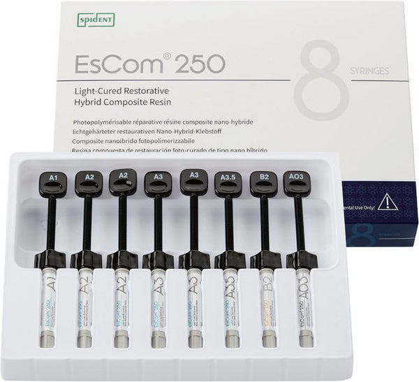 Escom 250 - 8 seringues de 4g Résine composite nano-hybride restauratrice photopolymérisable - oofti.fr