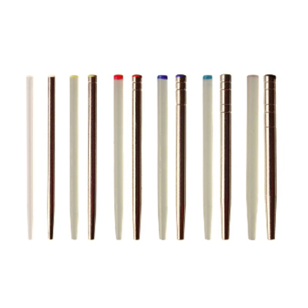 Système de clavettes Calcinables cylindro-coniques. Longueur : 22 mm  Dispositif médical de classe l.   La boîte de 20 clavettes Calcinables  T=0 Blanc diamètre 1,15 mm T=1 Jaune diamètre 1,25 mm T=2 Rouge diamètre 1,35 mm T=3 Bleu diamètre 1,45 mm T=4 Vert diamètre 1,55 mm T=5 Noir diamètre 1,65 mm