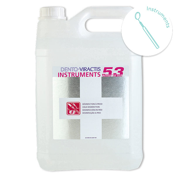 Liquide de désinfection à froid par simple immersion des instruments et des dispositifs médicaux thermosensibles. A utiliser directement après nettoyage prédésinfectant et déprotéinisant avec Dento-Viractis 55 ou 59.  - Bidon de 5 litres de solution prête à l'emploi.