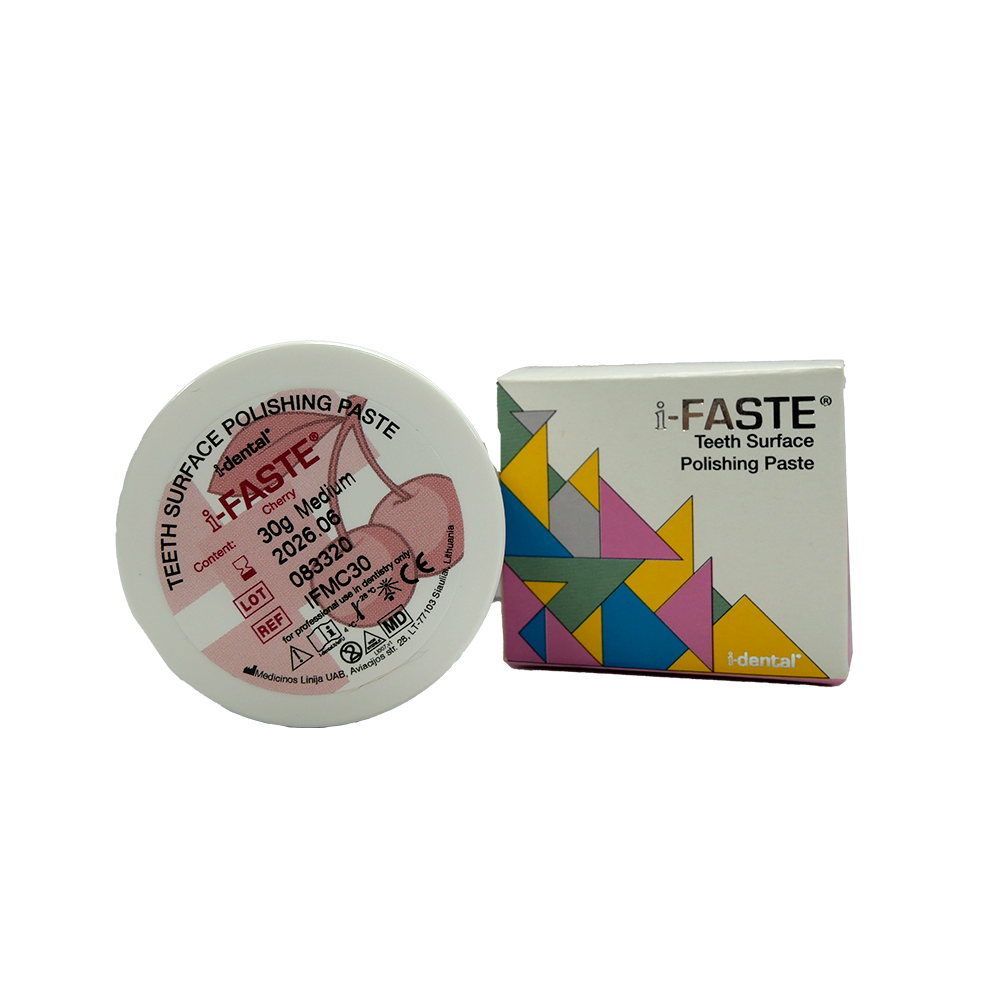 La Pâte à polir I-FASTE est spécialement conçue pour répondre de divers besoins de l'odontologie, offrant une solution complète pour le nettoyage, la préparation de surface et le polissage dentaire. Formulée pour éliminer efficacement la plaque molle et dure, les calculs, les taches et autres adhérences dentaires, elle constitue un outil essentiel dans les procédures dentaires.