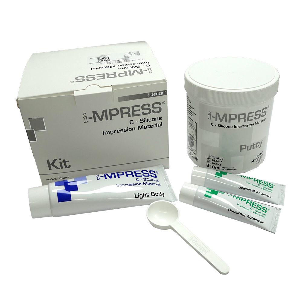 i-MPRESS - Kit Avancé d'Empreinte Dentaire est la solution complète pour des empreintes dentaires de haute précision. L'ensemble comprend 200 ml de mastic, 40 ml de corps léger, 30 ml de gel activateur universel, un bloc de mélange et un distributeur.