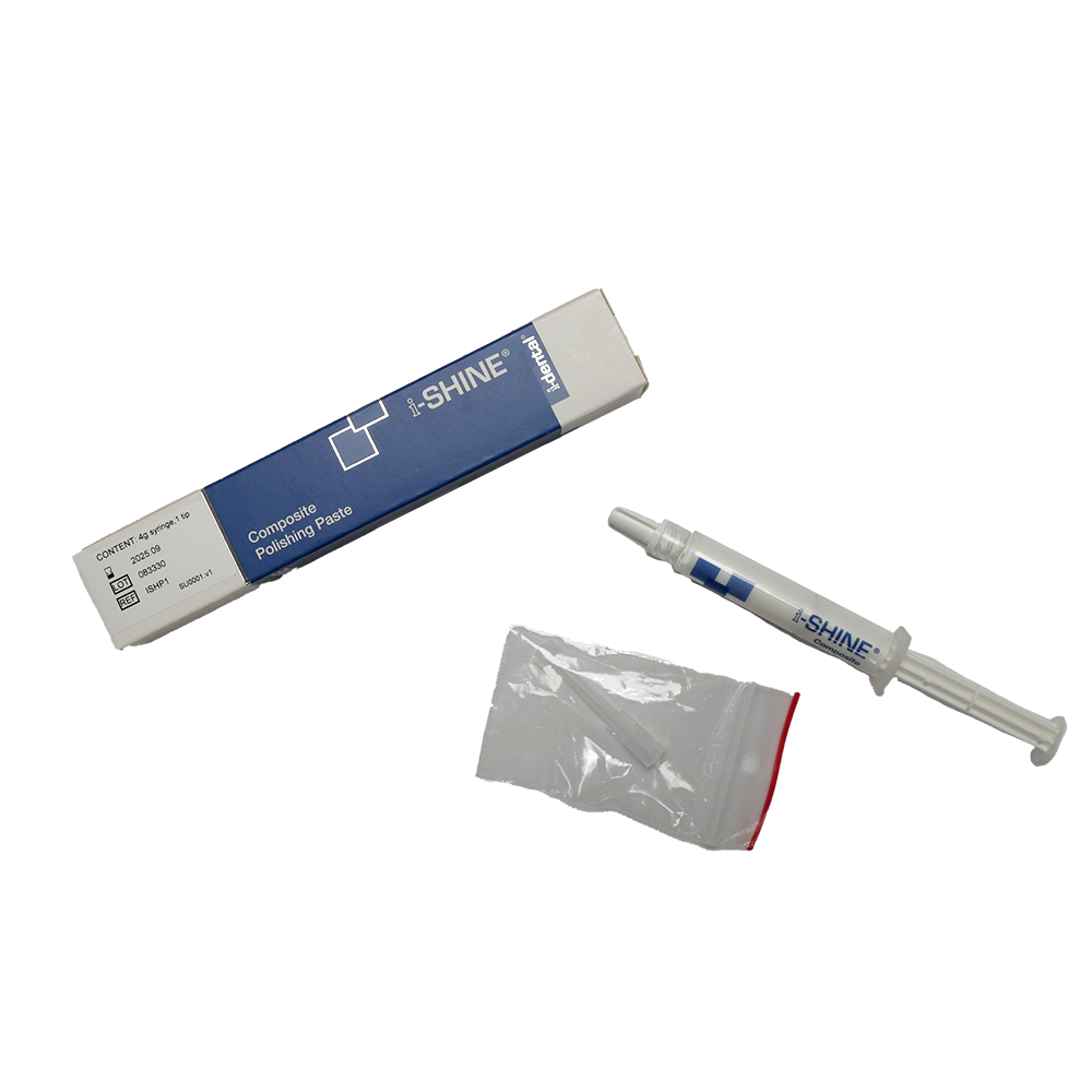 La pâte à polir I-Shine ® est idéale pour polir les restaurations composites, les amalgames et les moulages. Ce matériau à base de carborundum ne sèche pas et ne change pas de consistance. Cohésif et sans éclaboussures ; il restera là où il est placé. Complètement soluble dans l'eau. Se brosse les dents facilement ; nettoyer et laver complètement.