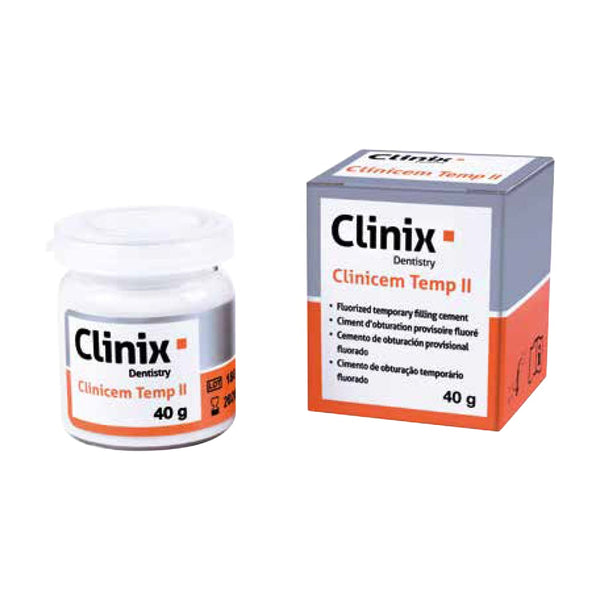 Clinicem Temp II de Clinix  excellente adhérence bonne résistance en bouche ne colle pas aux instruments Matériau d’obturation provisoire fluoré.