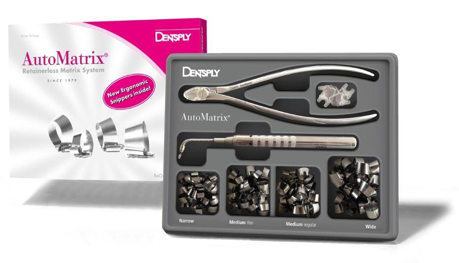 Système de matrice composé de 4 bandes métalliques de hauteur et forme différentes. Le serrage se fait grâce à un instrument " automate".  DM classe I. Fabricant : Dentsply de Trey.  Le coffret contient : 96 matrices assorties + 1 pince coupante + 1 instrument de serrage.  La boîte de 72